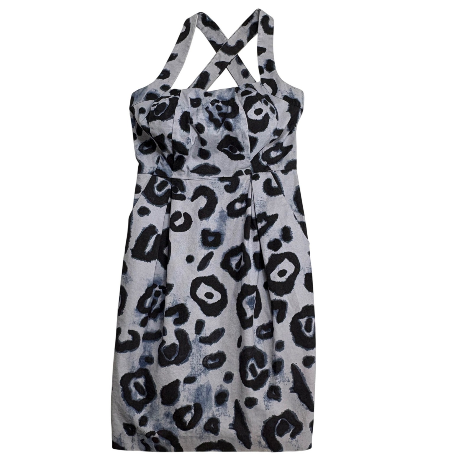 Vince Camuto Sheath Dress Womens Size 2 Blue Grey Leopard Print Criss Cross Neck